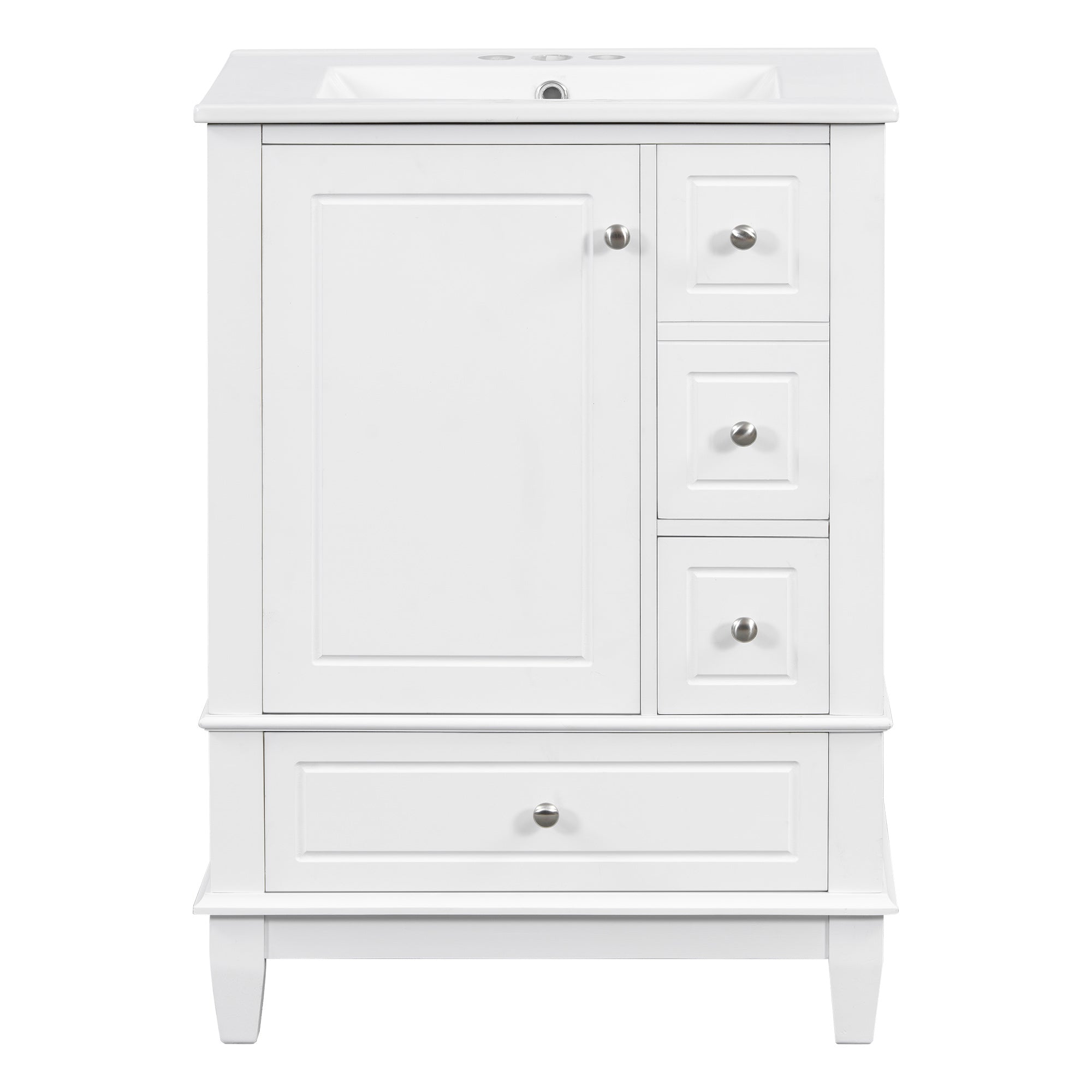 VanityFus 24-in White Bathroom Vanity Single Sink Combo Ceramic Top 1 Soft Close Door 3 drawers Undermount